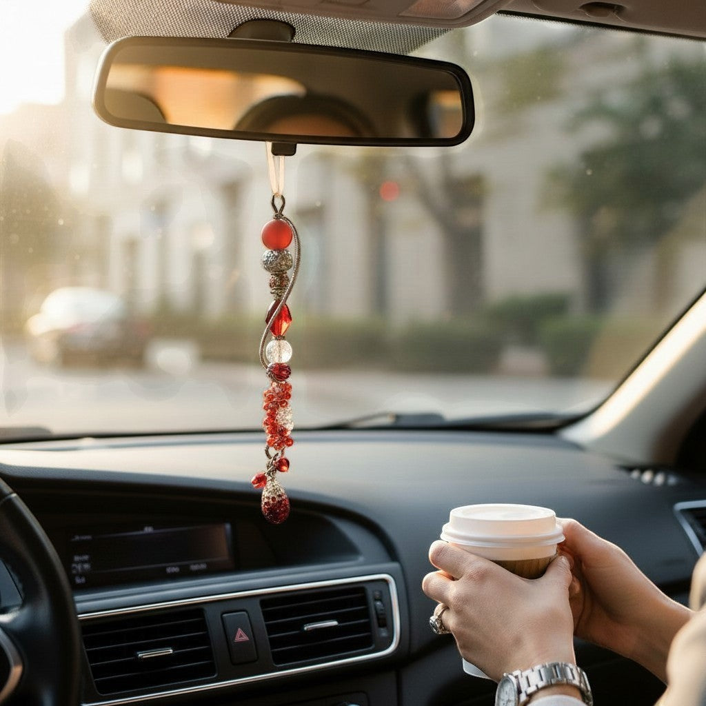 Jena Jewelry red and silver beaded car charm with jingle bells and a heart charm hanging from the rearview mirror.