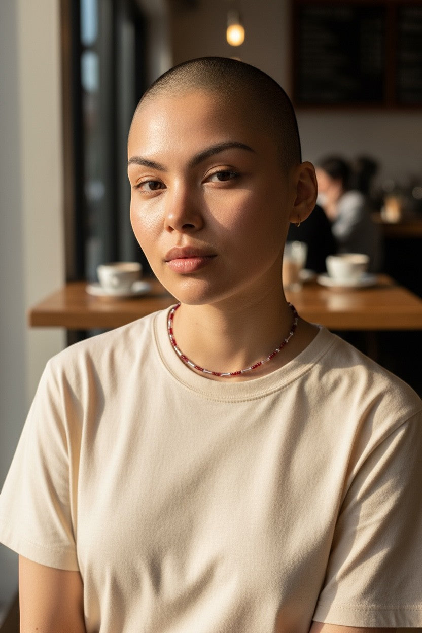 Jena Jewelry seed bead necklace with red and silver beads worn by a woman with a shaved head in a cream t-shirt.