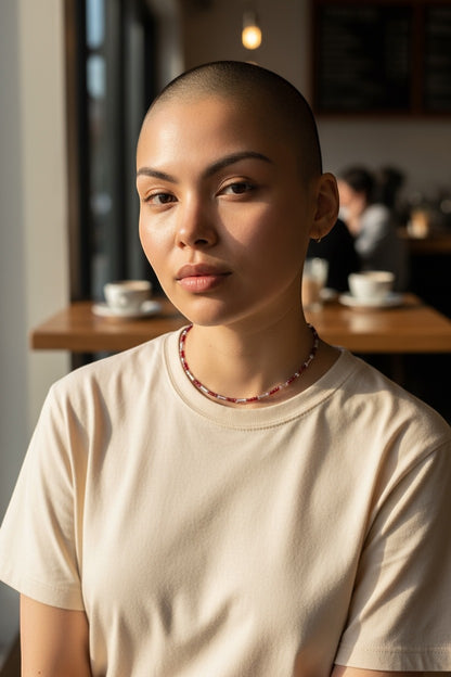 Jena Jewelry seed bead necklace with red and silver beads worn by a woman with a shaved head in a cream t-shirt.