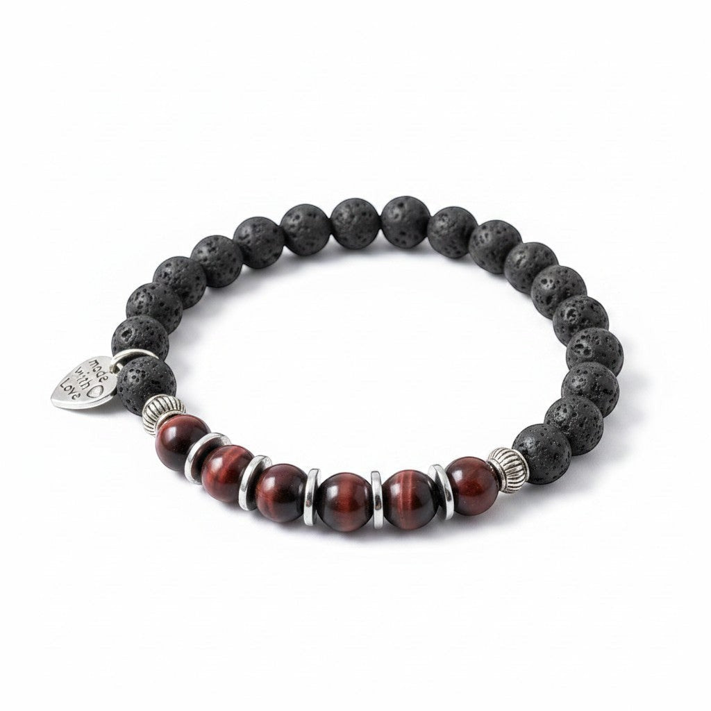 Jena Jewelry stretch bracelet with red tiger eye, hematite, and lava stone beads, featuring a silver heart charm.