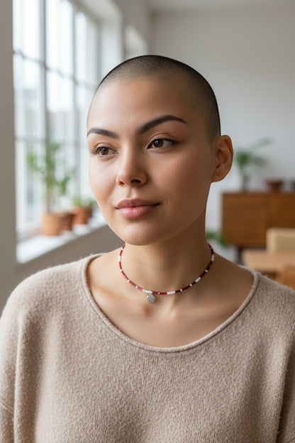 Jena Jewelry red and white seed bead choker necklace with a silver heart charm on a woman with a shaved head.