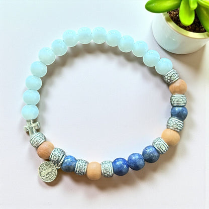Jena Jewelry rosary bracelet with snow jade, lapis lazuli, sandalwood beads, cross and miraculous medal.