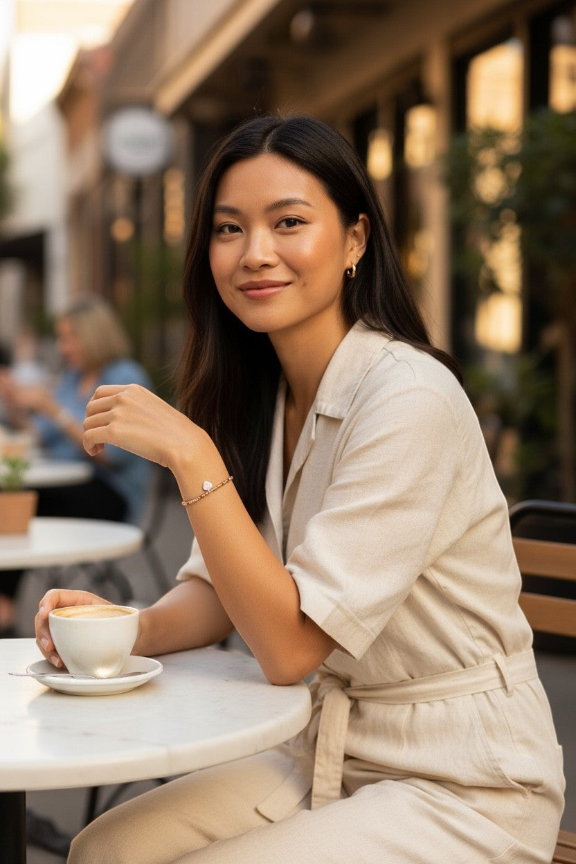 Jena Jewelry woman wearing a delicate rose gold seed bead bracelet with a small heart charm, sitting at a cafe.