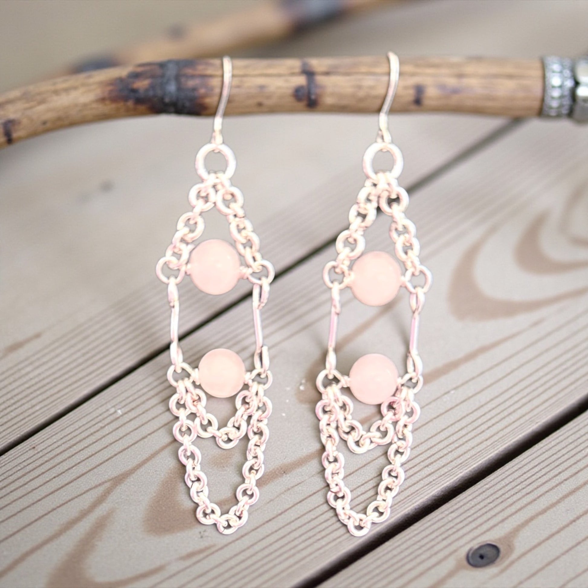 Jena Jewelry handcrafted sterling silver chain-link dangle earrings with two pale pink rose quartz beads. Bohemian style, 3-3.5 inches long.