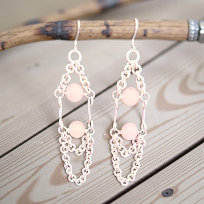 Jena Jewelry handcrafted sterling silver chain-link dangle earrings with two pale pink rose quartz beads. Bohemian style, 3-3.5 inches long.