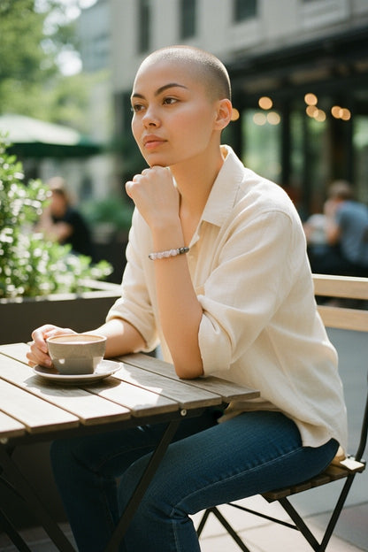 Jena Jewelry stretch bracelet with rose quartz and hematite beads worn by a woman sitting at a cafe table.