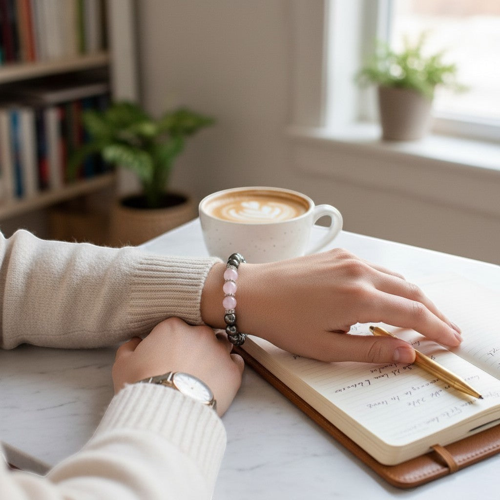 Jena Jewelry bracelet with rose quartz, magnetic hematite, and hematite beads, worn by a woman writing in a journal.
