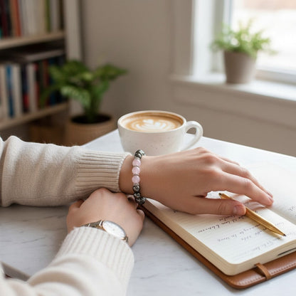 Jena Jewelry bracelet with rose quartz, magnetic hematite, and hematite beads, worn by a woman writing in a journal.