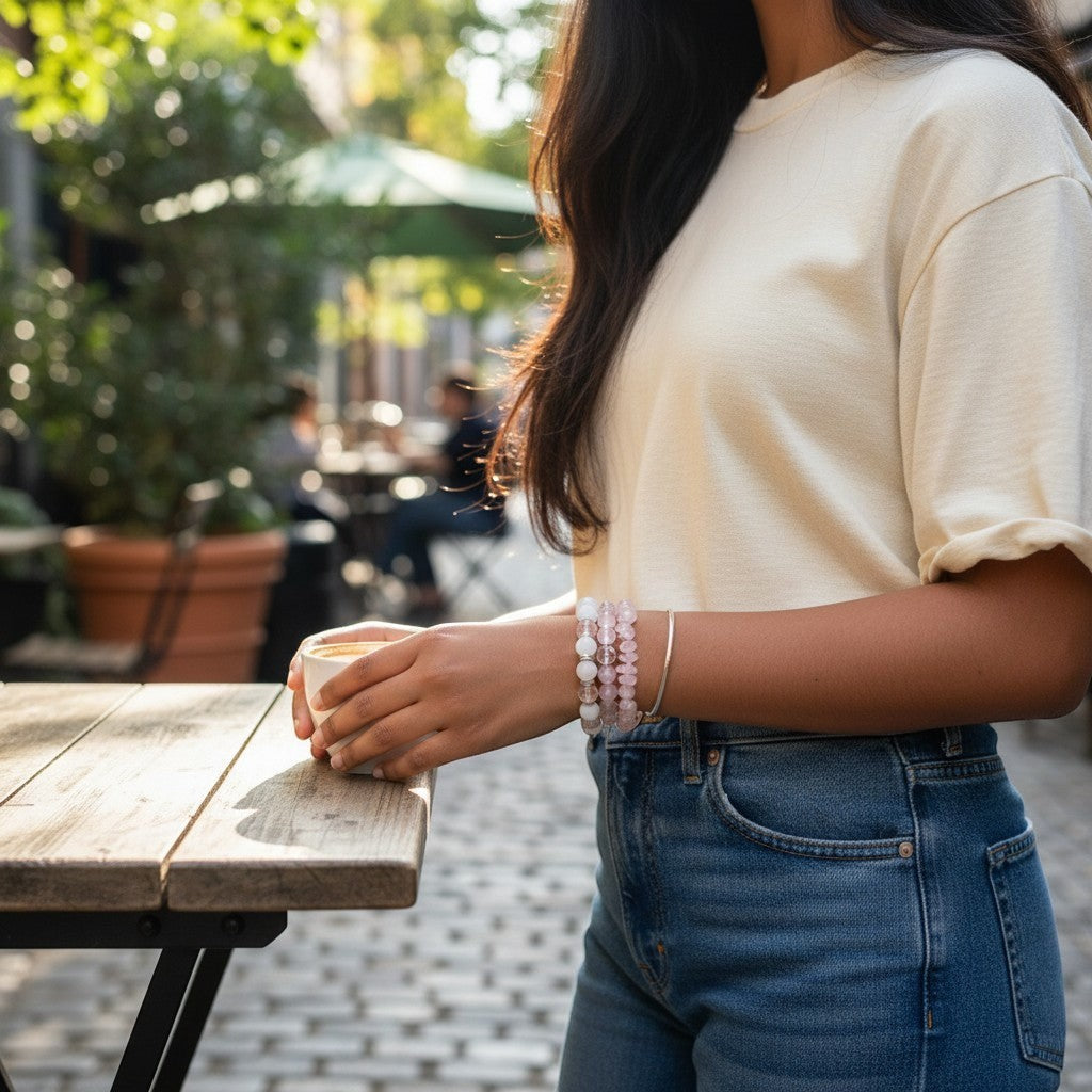 Jena Jewelry stretch bracelet with rose quartz, snow jade, glass beads, and metal hearts. Model wears it with a cream t-shirt and jeans.