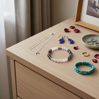 Jena Jewelry stretch bracelet with rose quartz, silver obsidian, and hematite beads, featuring a central silver accent bead.