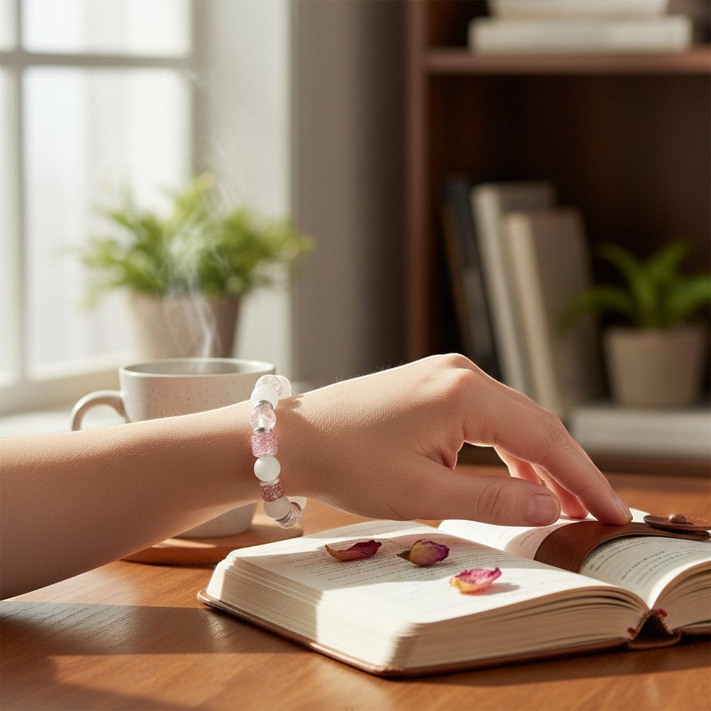 Jena Jewelry stretch bracelet with rose quartz, snow jade, glass beads, and metal hearts. Promotes love and calm.