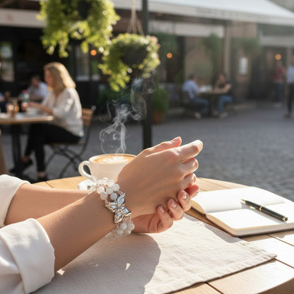 Jena Jewelry Rose Quartz and Snow Jade bracelet with butterfly clasp, delicate feminine energy, love and clarity.