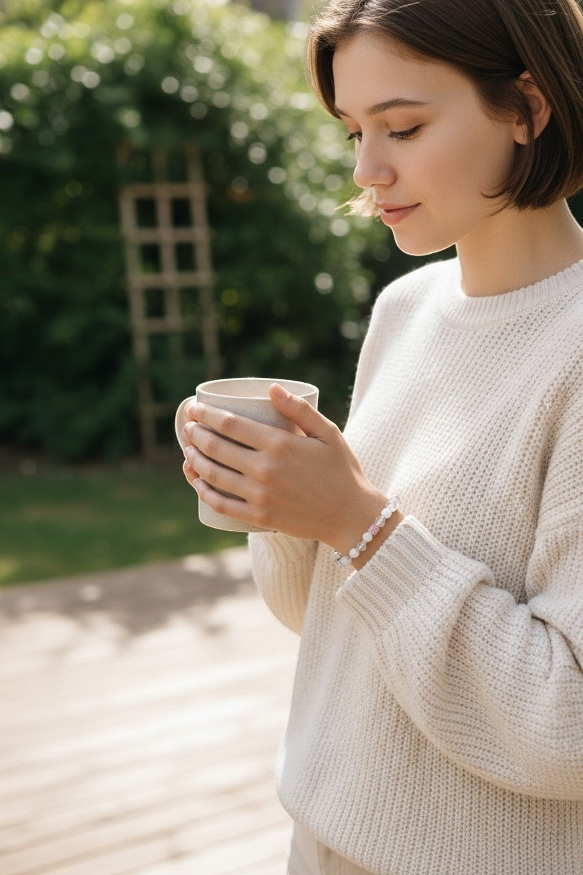 Jena Jewelry stretch bracelet with rose quartz, snow jade, glass beads, and metal hearts. Woman wearing cream sweater holds mug.