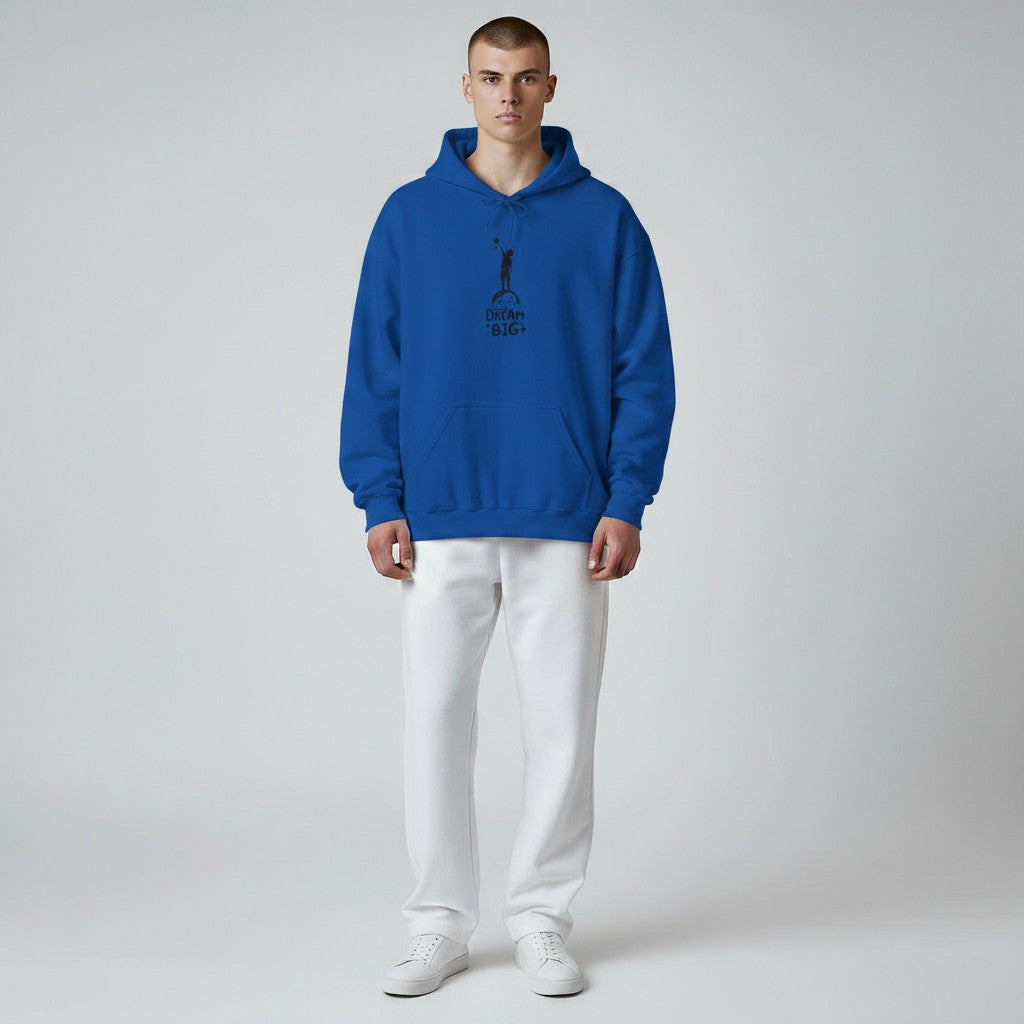 Jena Jewelry royal blue cotton-poly blend hooded sweatshirt with minimalist astronaut illustration and "Dream Big" text.