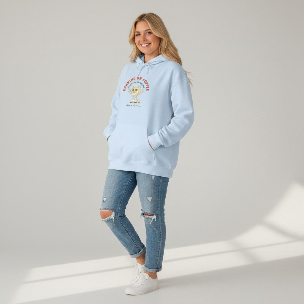 Jena Jewelry light blue cotton-poly blend hoodie with "Running on Coffee" graphic and pouch pocket.