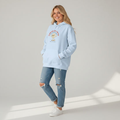 Jena Jewelry light blue cotton-poly blend hoodie with "Running on Coffee" graphic and pouch pocket.