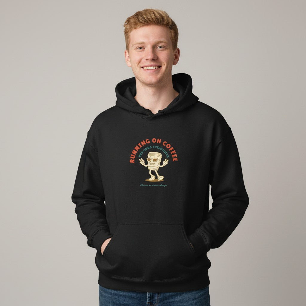 Jena Jewelry black cotton-poly blend hoodie with "Running on Coffee" graphic and kangaroo pocket.