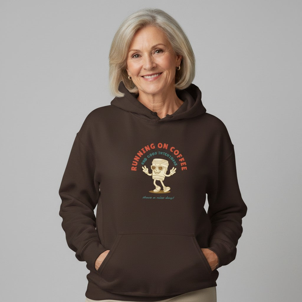 Jena Jewelry brown cotton-poly blend hoodie with "Running on Coffee" graphic and kangaroo pocket.