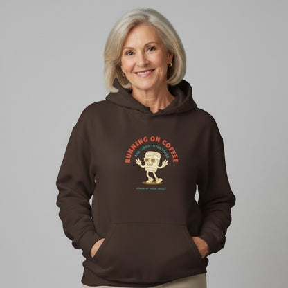Jena Jewelry brown cotton-poly blend hoodie with "Running on Coffee" graphic and kangaroo pocket.