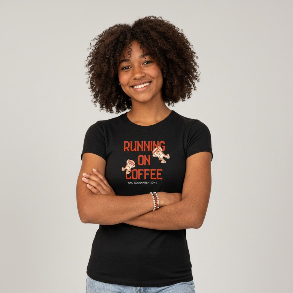Jena Jewelry black cotton t-shirt with "Running on Coffee and Good Intentions" graphic. Features cartoon coffee cups.