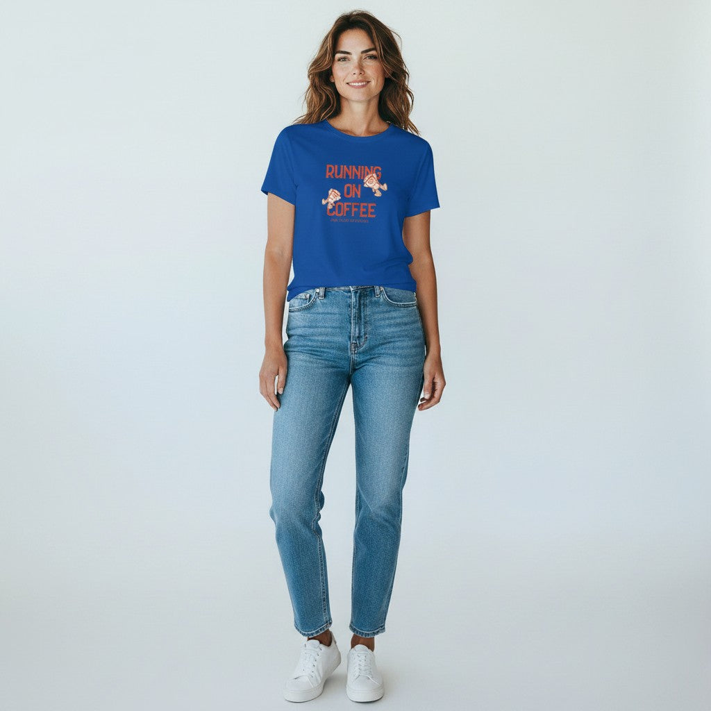Jena Jewelry royal blue 100% cotton t-shirt with "Running on Coffee" graphic and cartoon coffee cups.