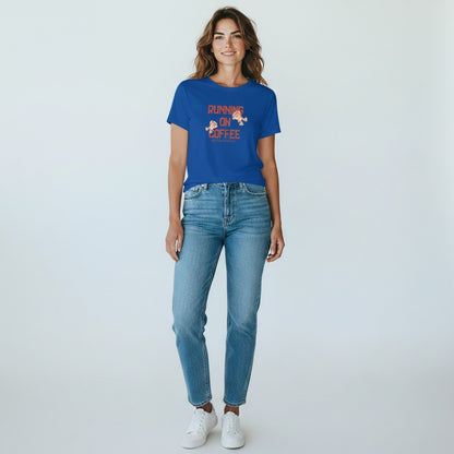 Jena Jewelry royal blue 100% cotton t-shirt with "Running on Coffee" graphic and cartoon coffee cups.