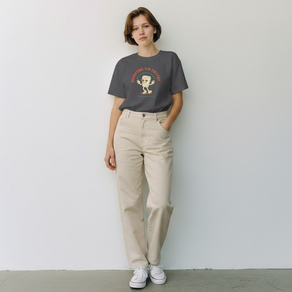 Jena Jewelry dark grey 100% cotton t-shirt with a retro graphic of a smiling coffee cup wearing sunglasses and giving peace signs.