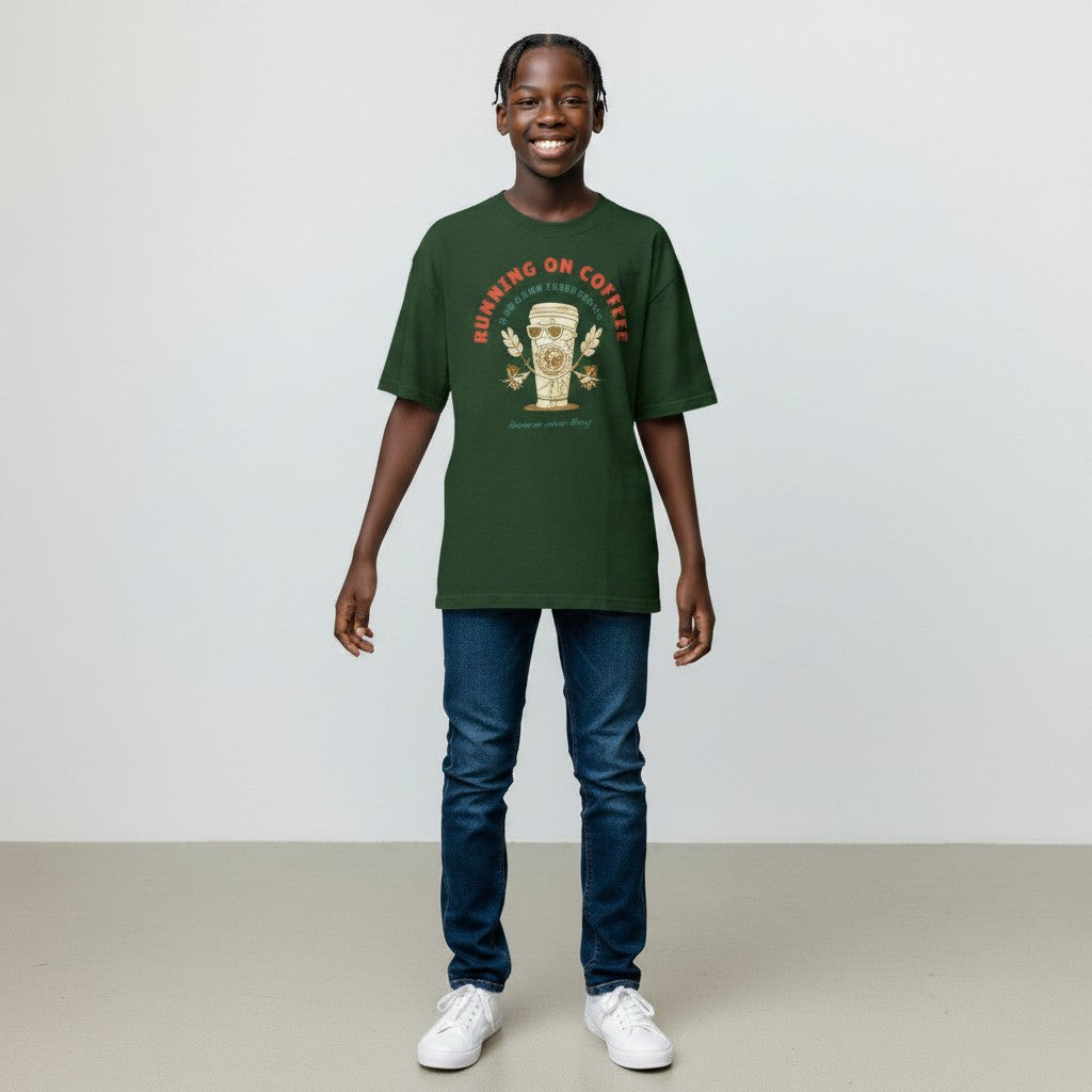 Jena Jewelry dark green 100% cotton t-shirt with retro coffee cup graphic and "RUNNING ON COFFEE" text.