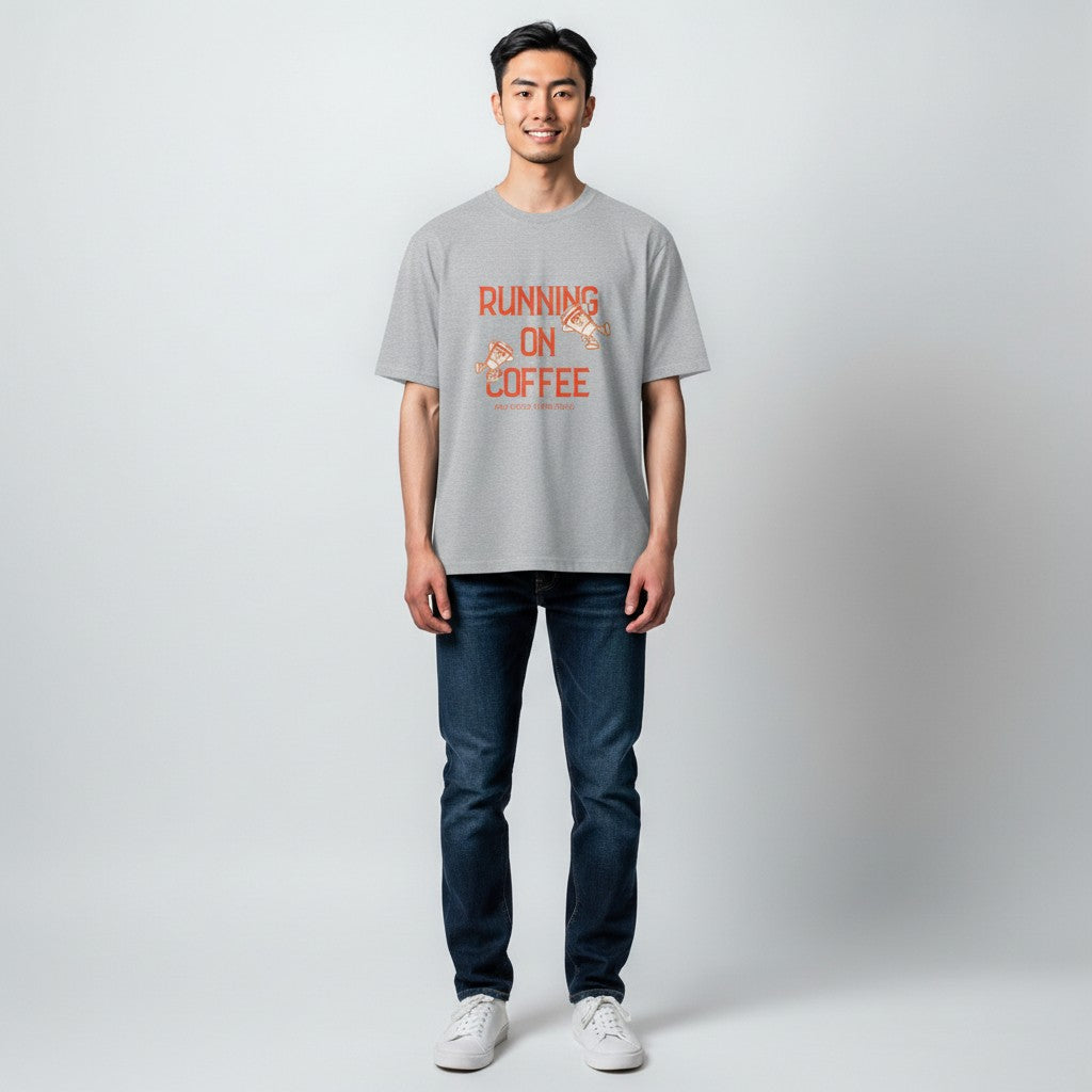 Jena Jewelry grey cotton t-shirt with "Running on Coffee" graphic and cartoon coffee cups.