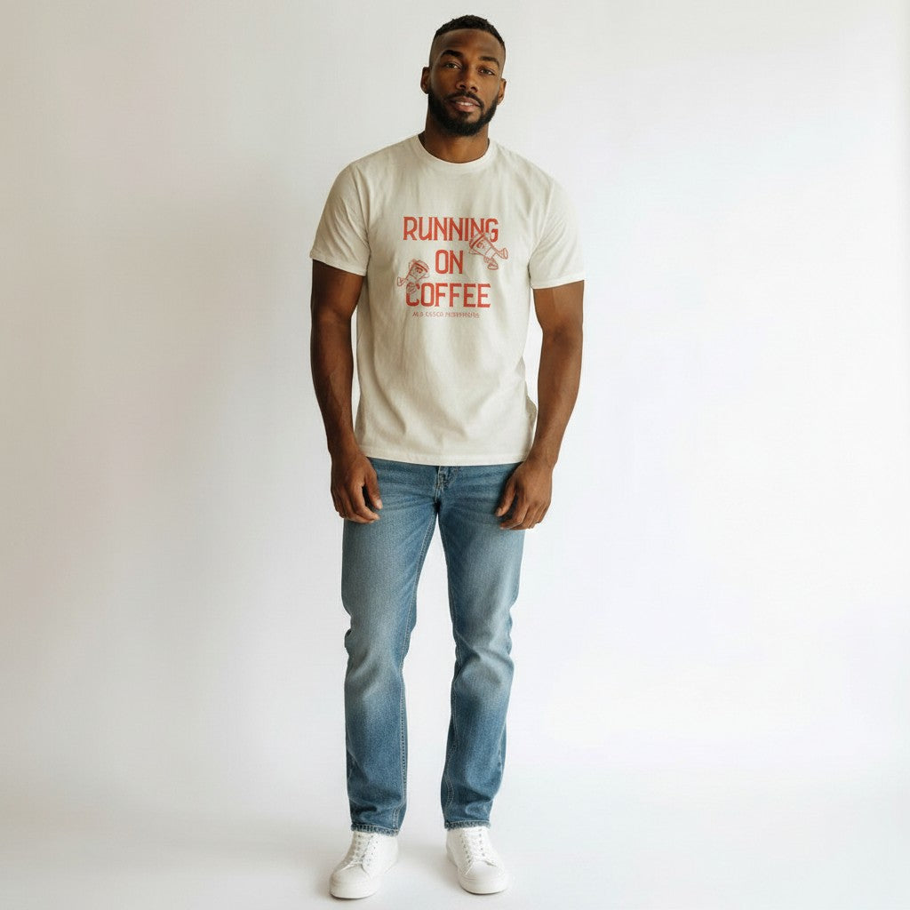 Jena Jewelry natural cotton t-shirt with "Running on Coffee" graphic and cartoon coffee cups. Relaxed fit, crew neck.
