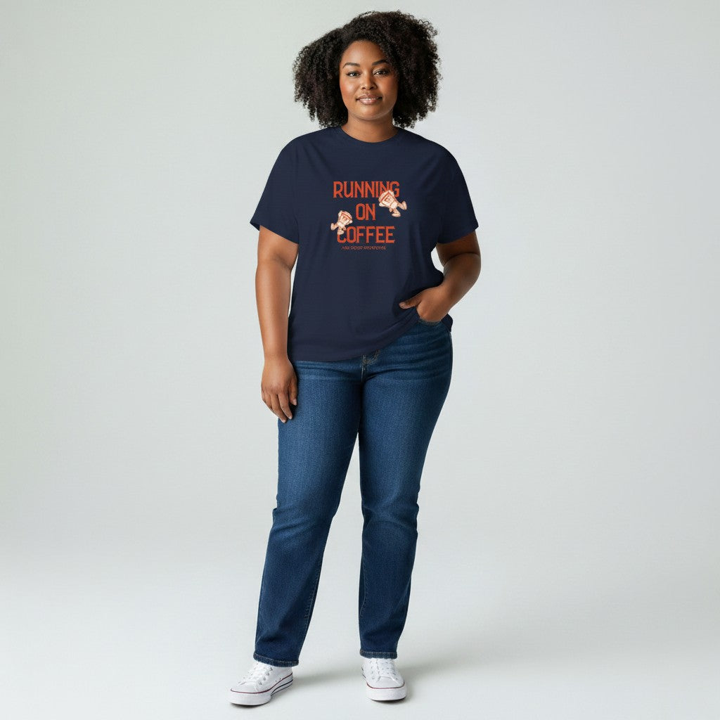 Jena Jewelry navy blue 100% cotton t-shirt with "Running on Coffee" graphic and cartoon coffee cups.
