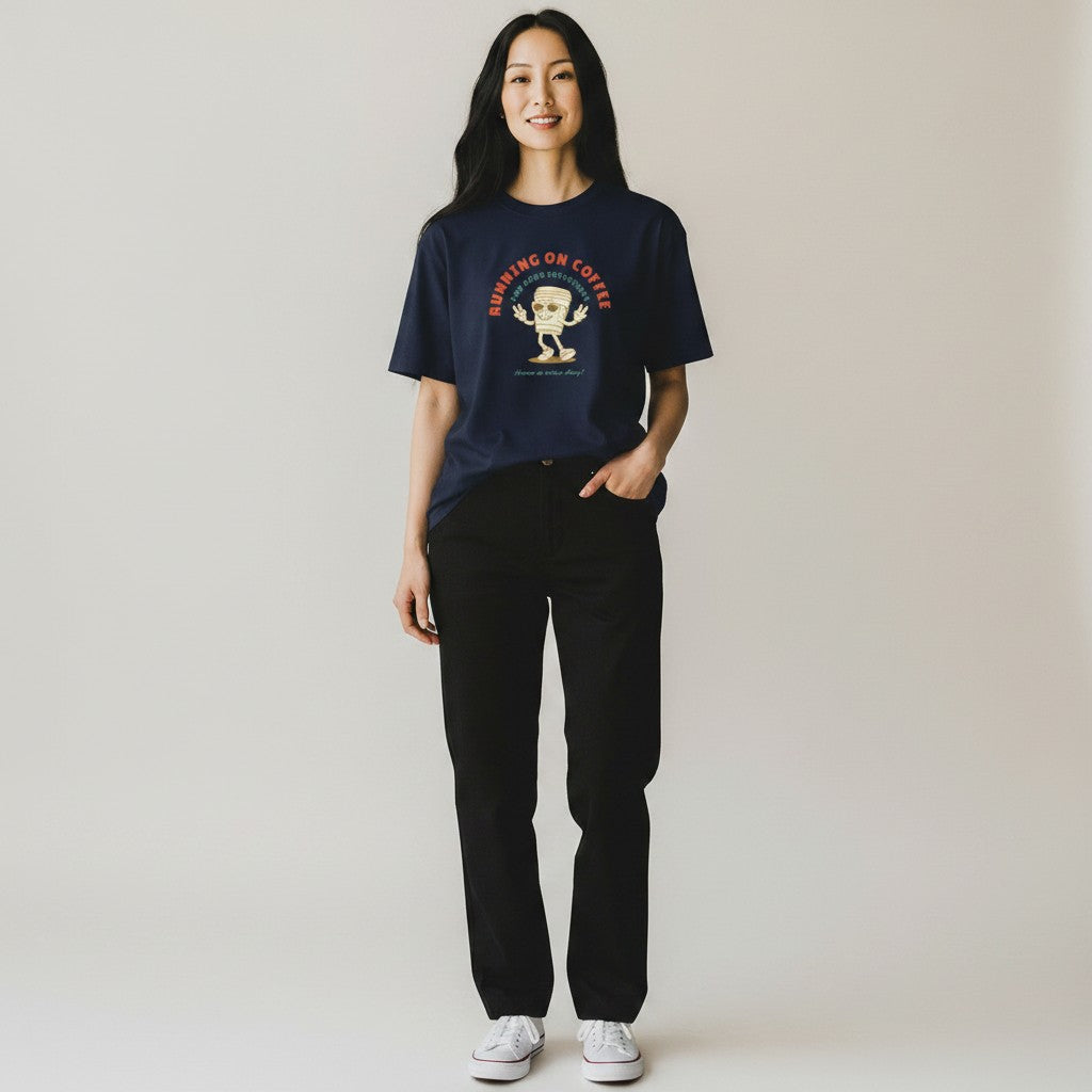 Jena Jewelry navy blue 100% cotton t-shirt with a retro graphic of a smiling coffee cup in motion.