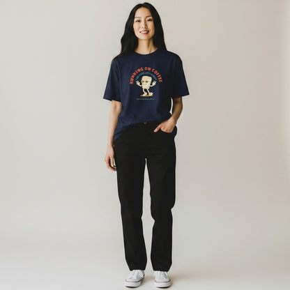 Jena Jewelry navy blue 100% cotton t-shirt with a retro graphic of a smiling coffee cup in motion.