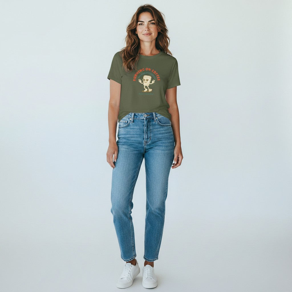 Jena Jewelry olive green 100% cotton t-shirt with "Running On Coffee" graphic tee featuring a retro coffee cup character.