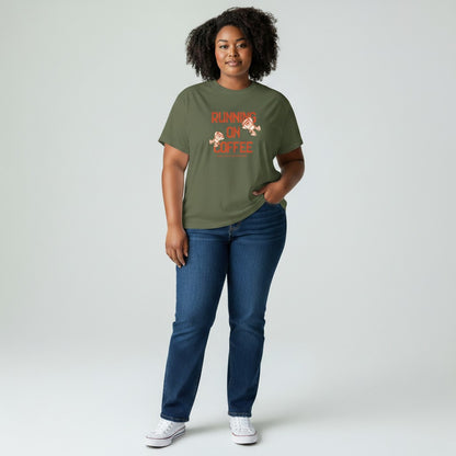 Jena Jewelry olive green cotton t-shirt with "Running on Coffee" graphic and cartoon coffee cups. Relaxed fit, crew neck.
