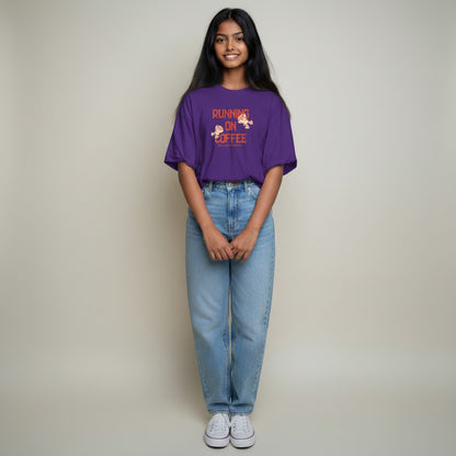 Jena Jewelry purple cotton t-shirt with "Running on Coffee" graphic and cartoon coffee cups. For runners and coffee lovers.