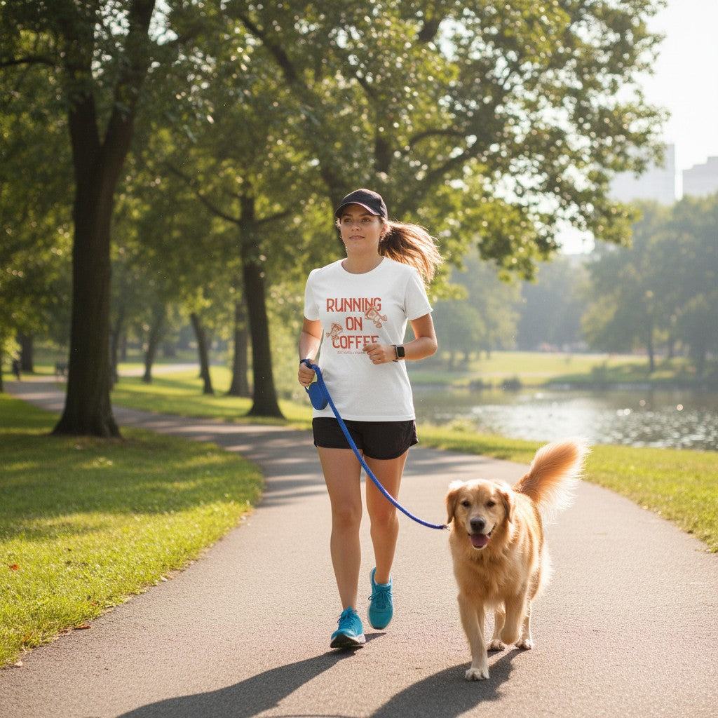 Jena Jewelry white cotton t-shirt with "Running on Coffee and Good Intentions" graphic. Features cartoon coffee cups.