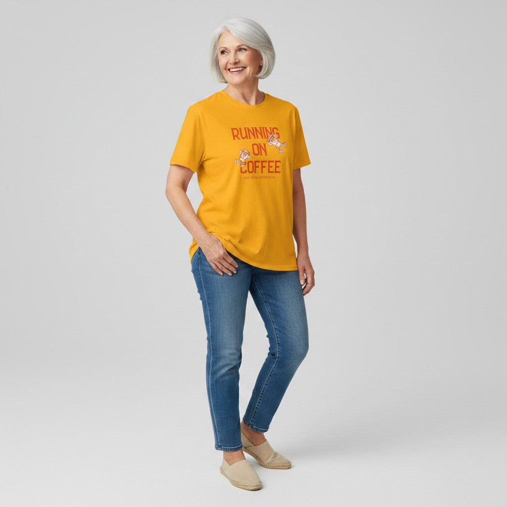 Jena Jewelry yellow cotton t-shirt with "Running on Coffee" graphic and cartoon coffee cups. Relaxed fit.