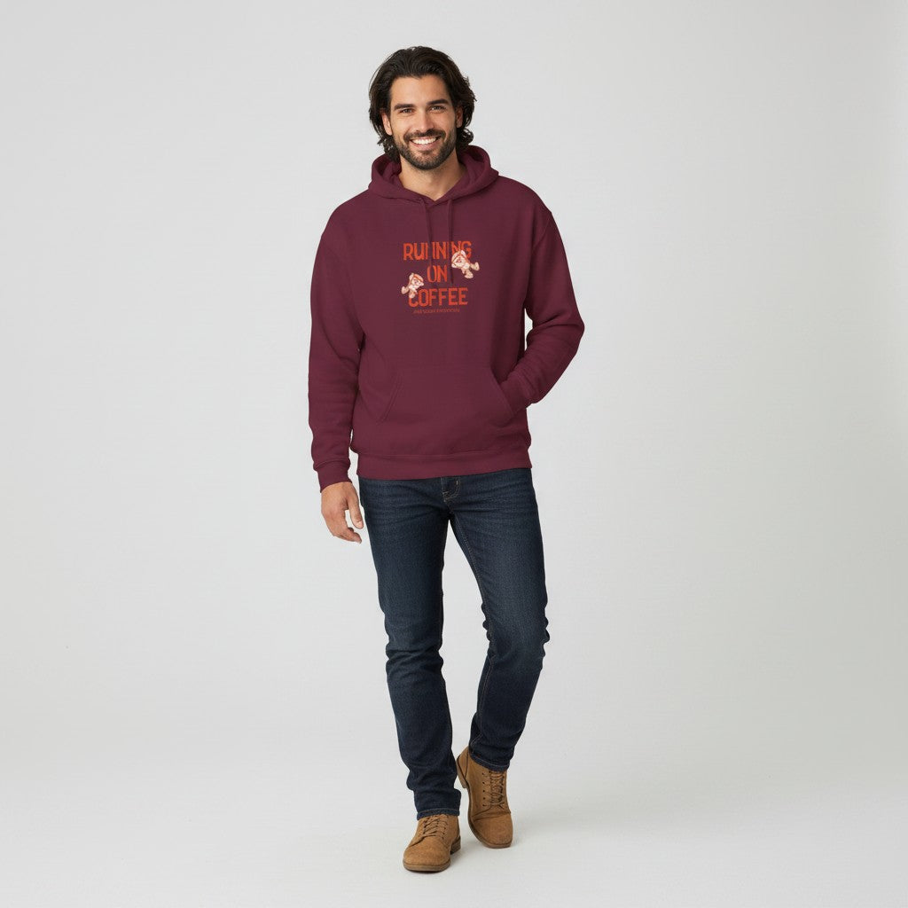 Jena Jewelry maroon cotton-poly blend hoodie with "Running on Coffee" graphic and kangaroo pocket.