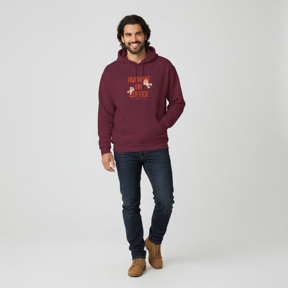 Jena Jewelry maroon cotton-poly blend hoodie with "Running on Coffee" graphic and kangaroo pocket.