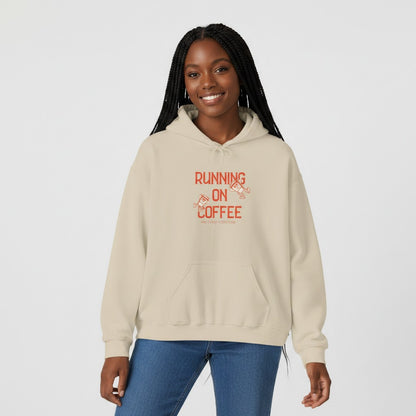 Jena Jewelry beige cotton-poly blend hoodie with "Running on Coffee" graphic and pouch pocket.