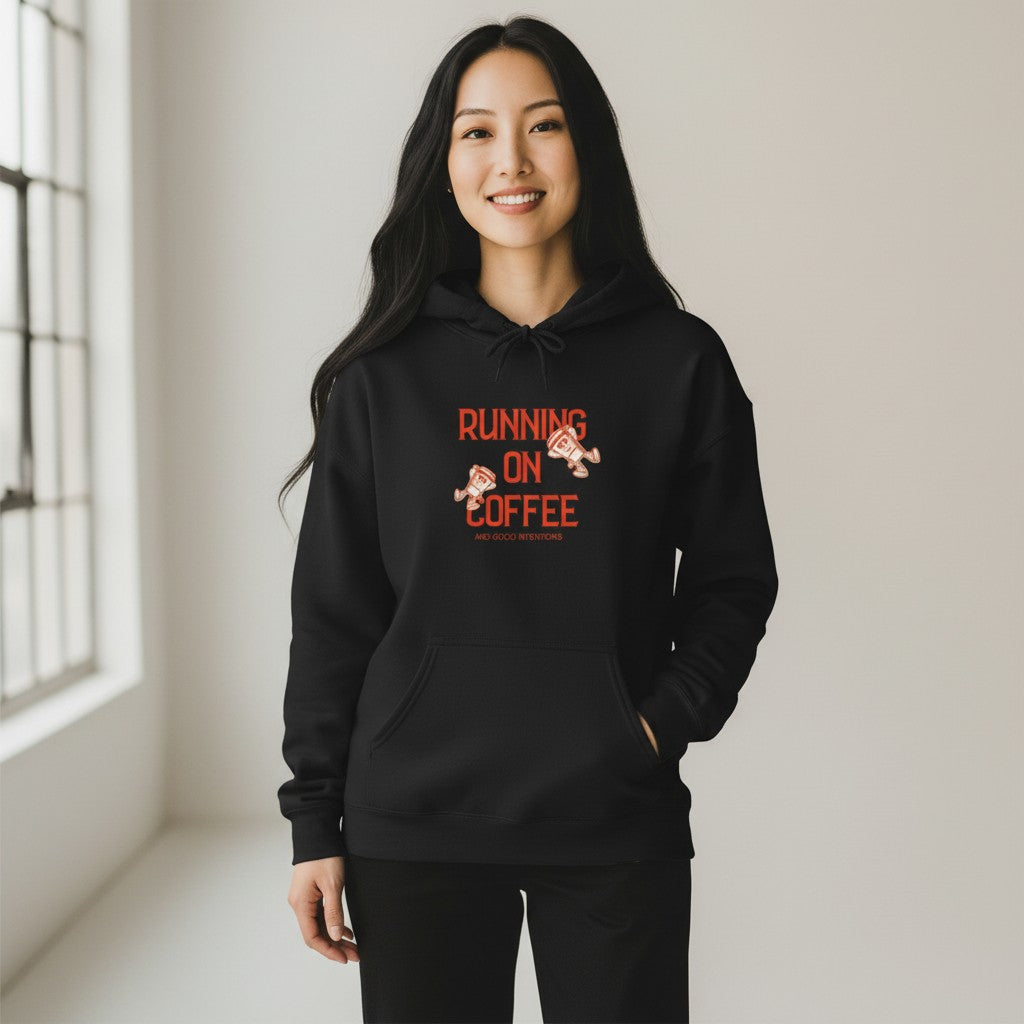 Jena Jewelry black cotton-poly blend hoodie with "Running on Coffee" graphic print and kangaroo pocket.