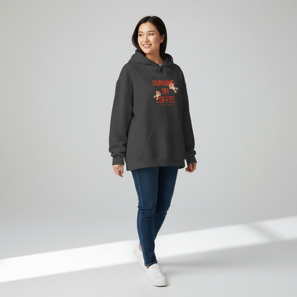 Jena Jewelry dark grey cotton-poly blend hoodie with "Running on Coffee" graphic print and kangaroo pocket.