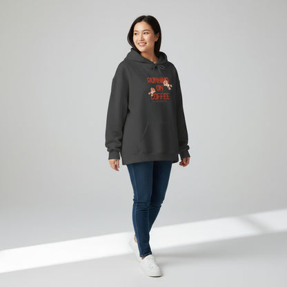 Jena Jewelry dark grey cotton-poly blend hoodie with "Running on Coffee" graphic print and kangaroo pocket.
