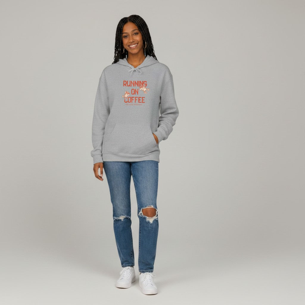 Jena Jewelry light grey cotton-poly blend hoodie with "Running on Coffee" graphic and pouch pocket.