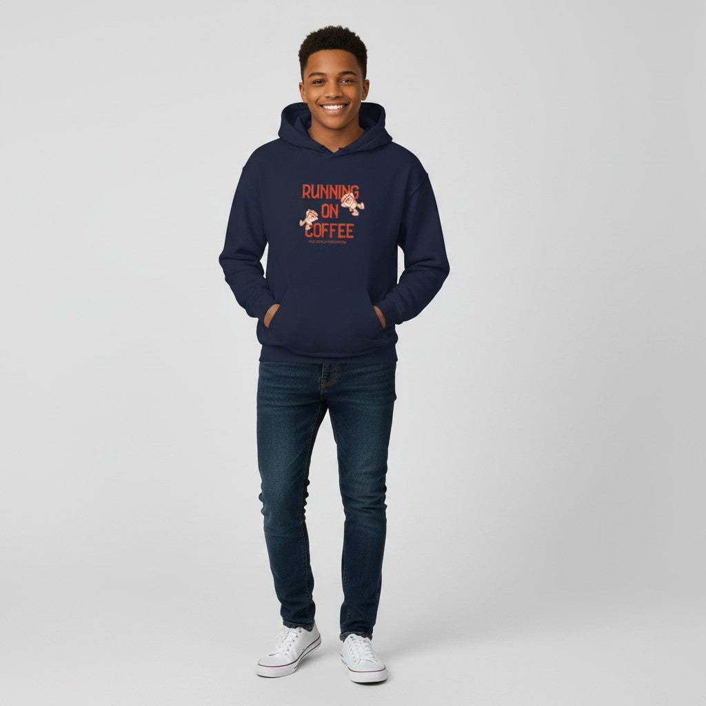 Jena Jewelry navy blue cotton-poly blend hoodie with "Running on Coffee" graphic print and kangaroo pocket.