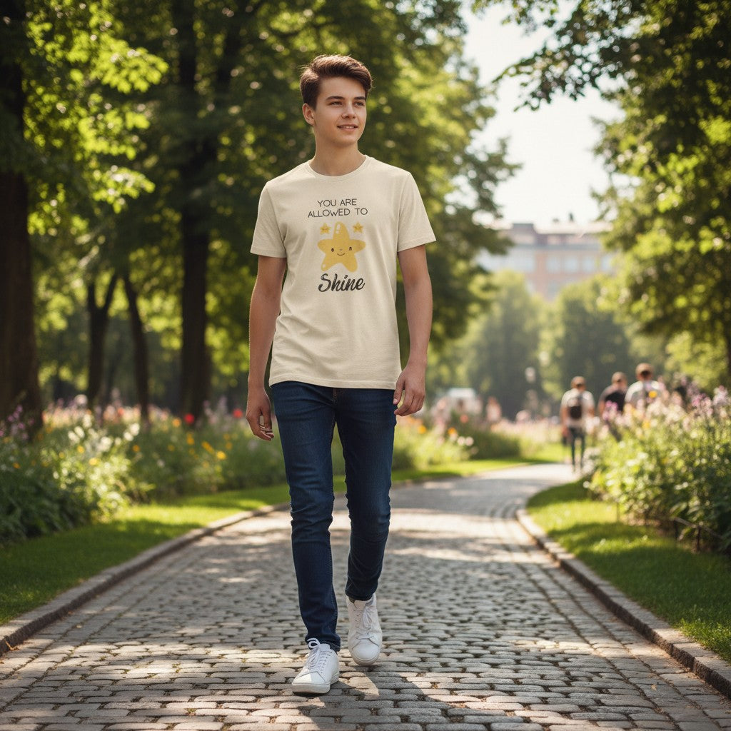 Jena Jewelry cream 100% cotton t-shirt with "You Are Allowed to Shine" graphic and smiling stars.