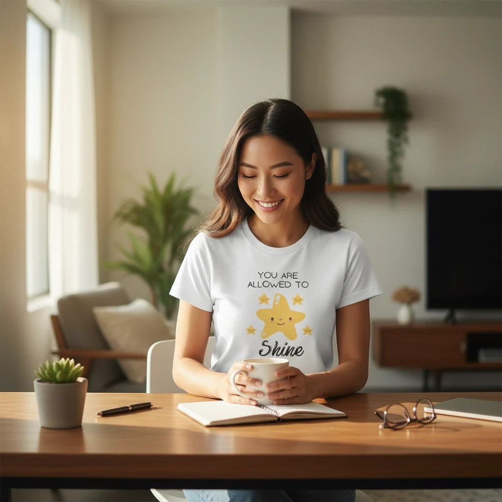 Jena Jewelry white 100% cotton t-shirt with a graphic of a smiling star and the text "You Are Allowed to Shine".