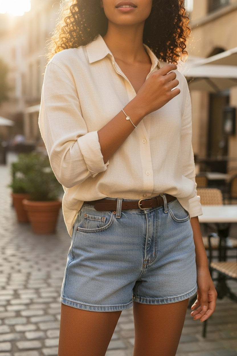 Jena Jewelry small silver heart charm bracelet on a woman's wrist, styled with a cream linen shirt and denim shorts.