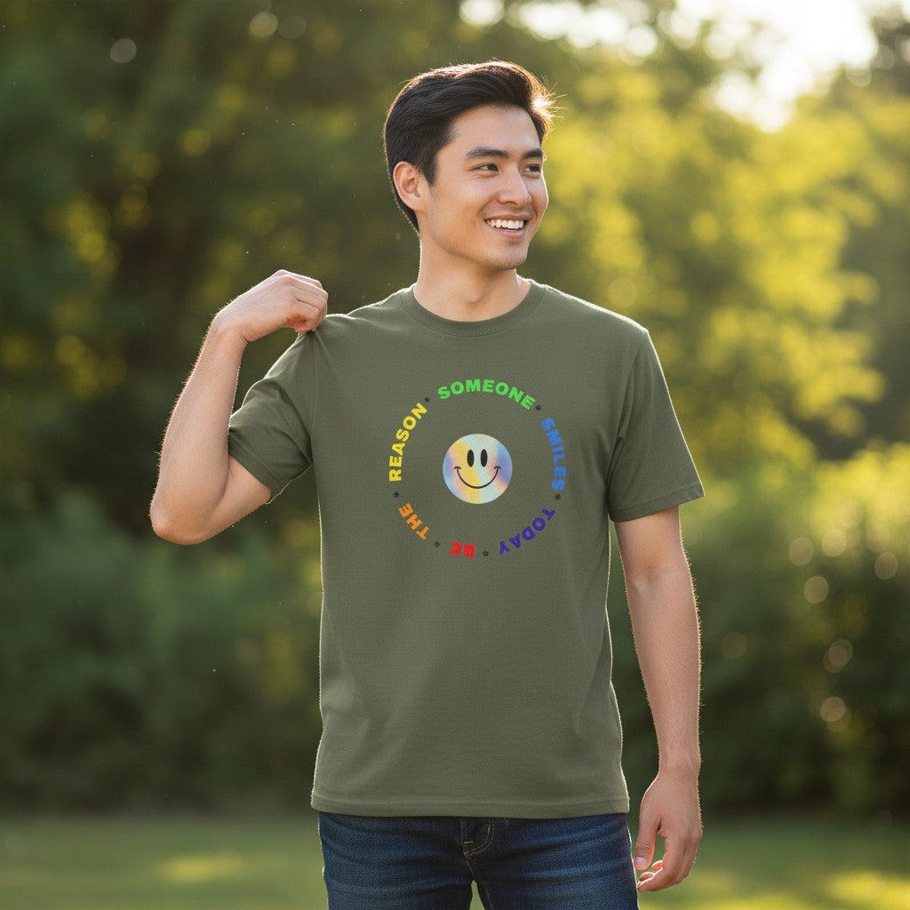 Jena Jewelry olive green cotton t-shirt with a rainbow smiley face graphic and the text "Be The Reason Someone Smiles Today" in a circular pattern.